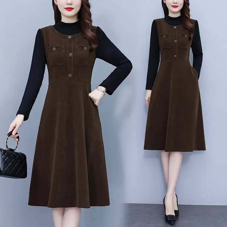 高端大气雪尼尔拼接假两件连衣裙2024秋冬新款大码女装中长款裙子