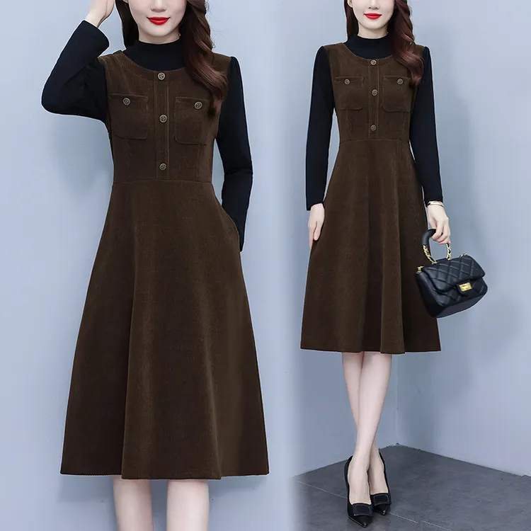 2024秋冬新款时尚拼接假两件连衣裙高端大码女装雪尼尔中长款裙子