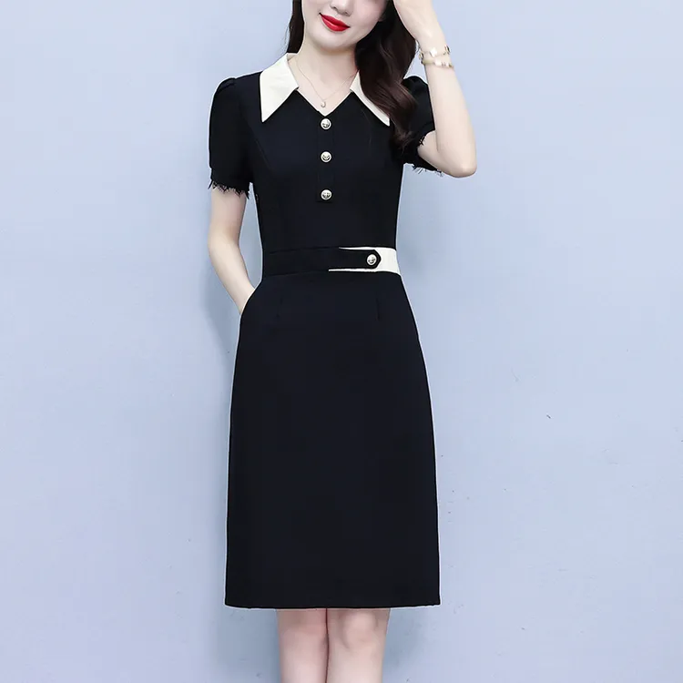 2025夏季新款法式翻领连衣裙女高级感时尚洋气拼接收腰显瘦中长裙