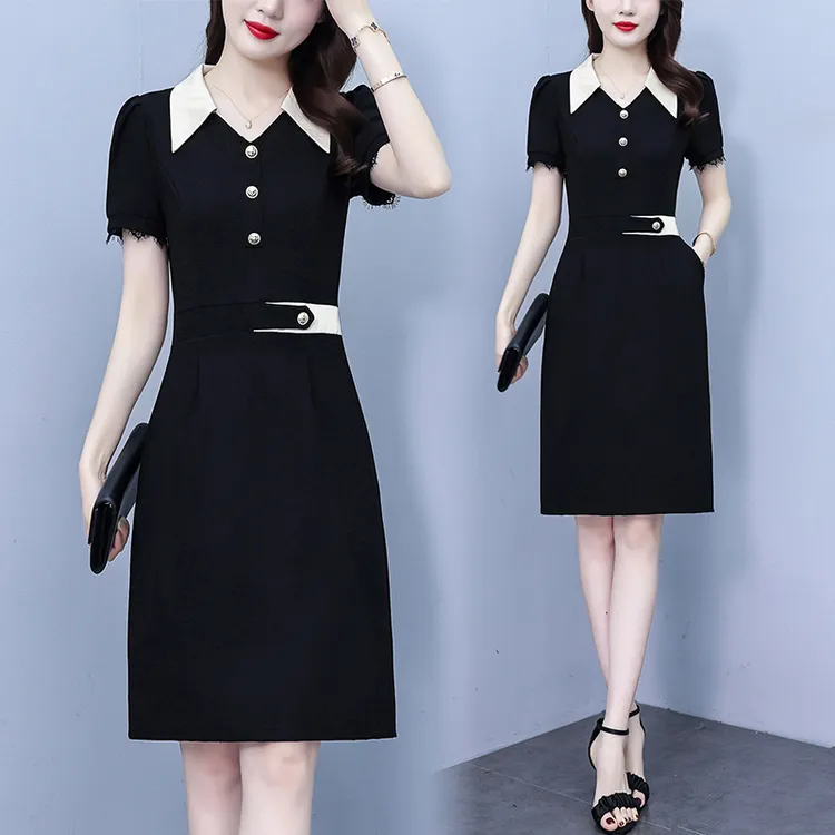 法式翻领连衣裙女2025夏季新款时尚洋气高级感拼接收腰显瘦中长裙