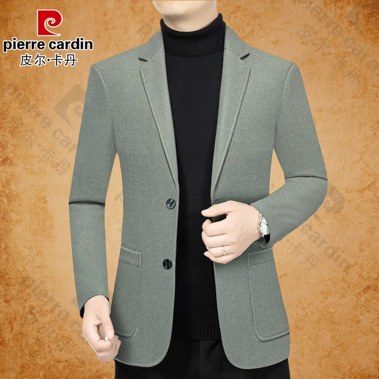 皮尔卡丹男士商务休闲高档纯色毛呢春秋季西服男装外套西装领潮流