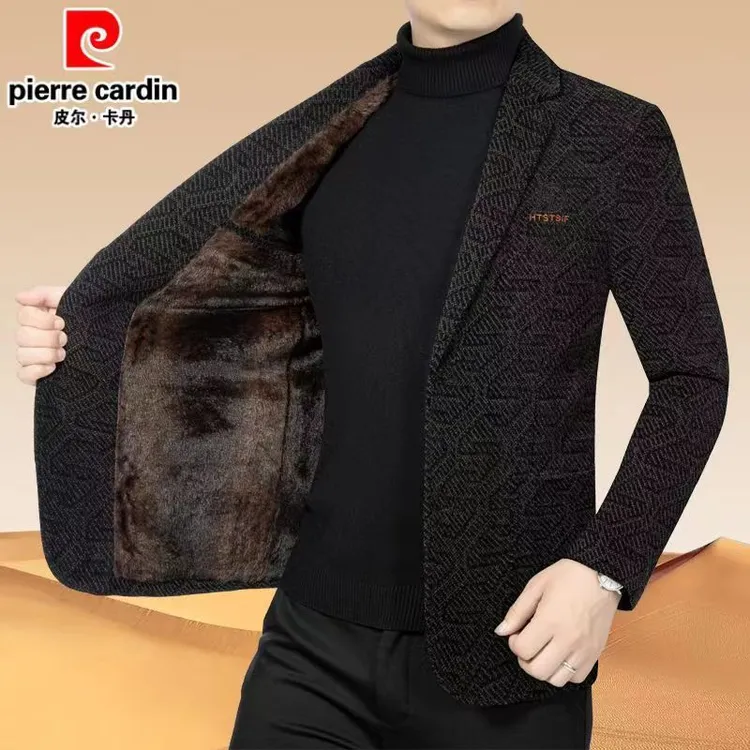 皮尔卡丹品牌正品雪尼尔冬季西装男士加绒加厚外套中年呢子小西服