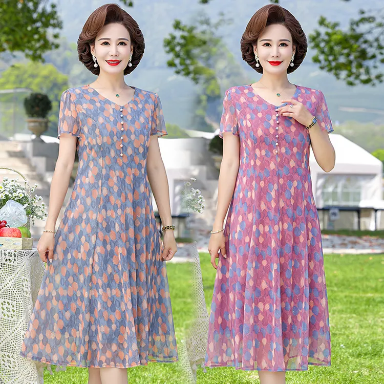 中老年夏季宽松舒适印花显瘦遮肚妈妈装连衣裙