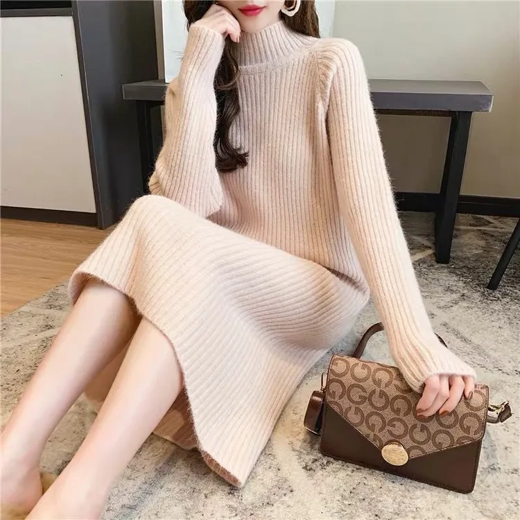 针织衫中长款连衣裙高领新款过膝秋冬套头毛衣宽松加厚衣裙打底衫