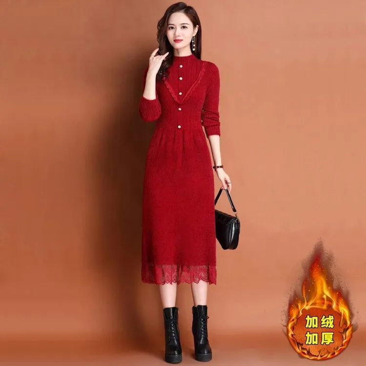 全身加厚保暖水貂绒毛衣裙女秋冬新款气质显瘦中长款打底裙连衣裙