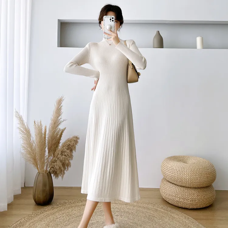 时尚洋气新款秋冬韩版气质毛衣裙半高领内搭中长款针织长袖连衣裙