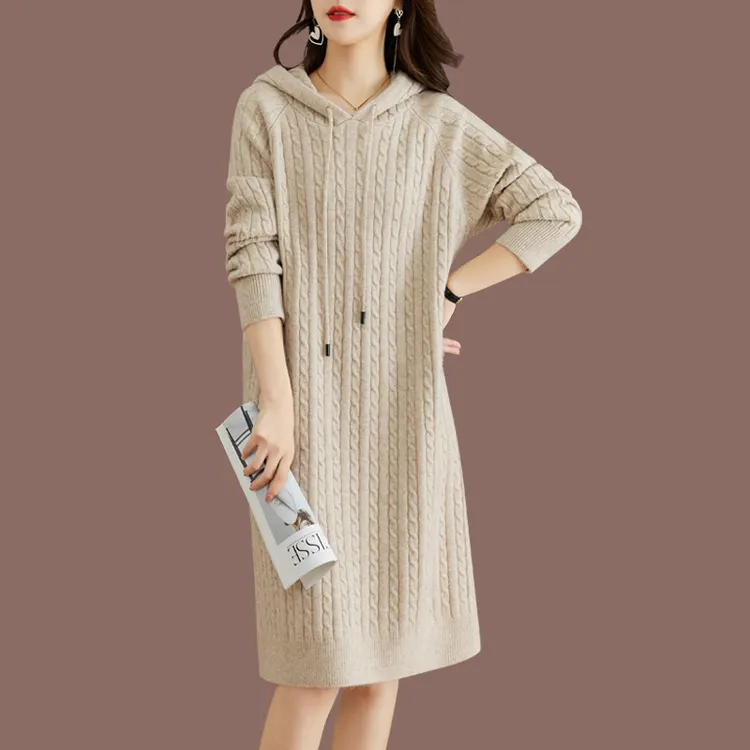 时尚慵懒风连帽毛衣女秋冬装洋气中长款针织连衣裙宽松麻花打底衫