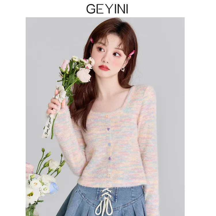 歌依妮彩色方领t恤女2025秋冬新款多巴胺穿搭设计感长袖短款上衣