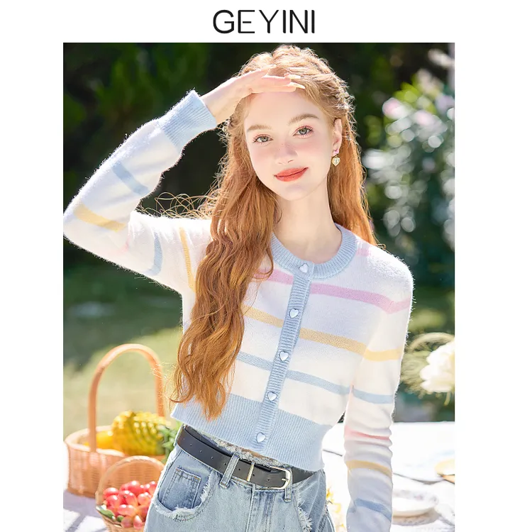 歌依妮彩色条纹针织开衫女2025春秋季小个子短款圆领修身毛衣外套
