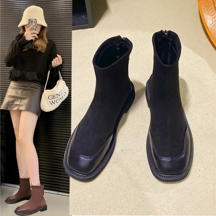 复古绒面瘦瘦靴女2025秋冬新款平底弹力靴韩版软底切尔西靴短靴子