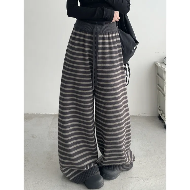 厚实暖暖条纹毛线裤慵懒舒适针织休闲裤女毛裤子宽松阔腿裤
