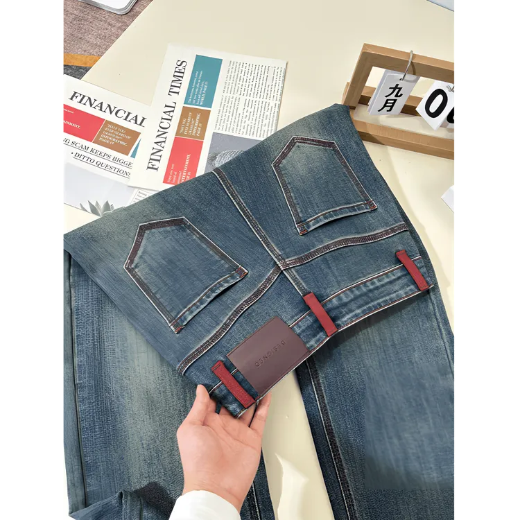 秋冬加绒三本针撞色时尚弹力高腰窄版小个子阔腿直筒牛仔裤