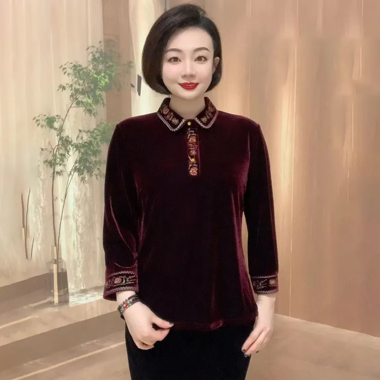 丝绒刺绣时尚翻领T恤衫宽松遮肚显瘦打底衫高品质大码女洋气上衣
