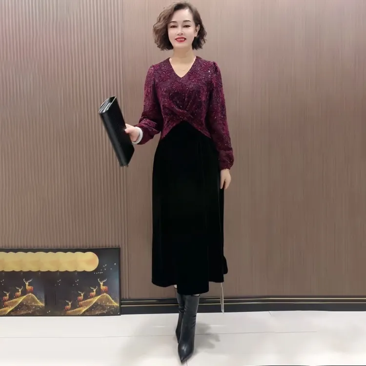 时髦女装连衣裙高档蕾丝拼丝绒中长裙阔太太时尚遮肚显瘦洋气裙子