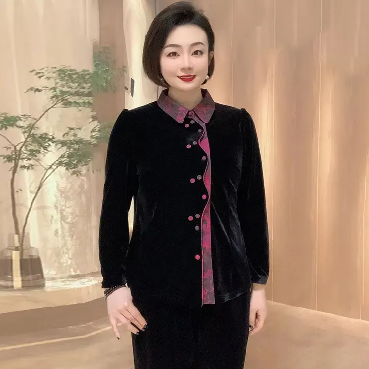原创设计真丝绒开衫中老年妈妈时髦女装拼色上衣百搭休闲洋气外套