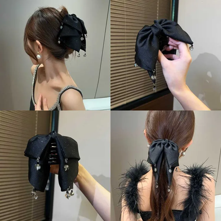 气质法式多层缎面带挂坠蝴蝶结抓夹黑色复古百搭马尾夹发饰头饰