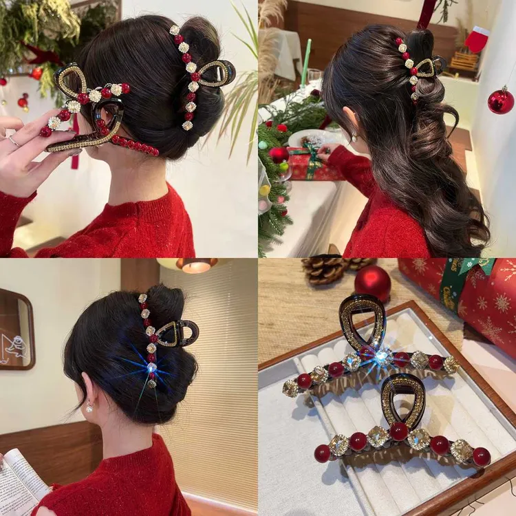 韩版ZZ红色珠珠抓夹女后脑勺喜气洋洋鲨鱼夹子高级感发夹头饰