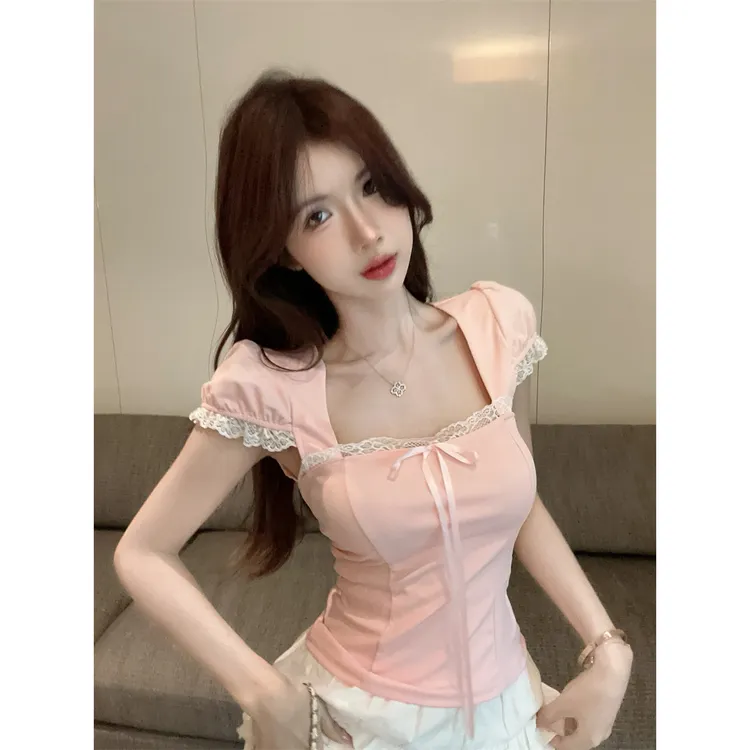 纯欲甜辣妹泡泡袖鱼骨小上衣女夏季粉色方领蕾丝短袖t恤法式绝美