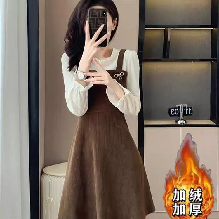 【加绒/不加绒】秋冬季新款时尚长袖灯芯绒假两件胖MM显瘦拼接裙子