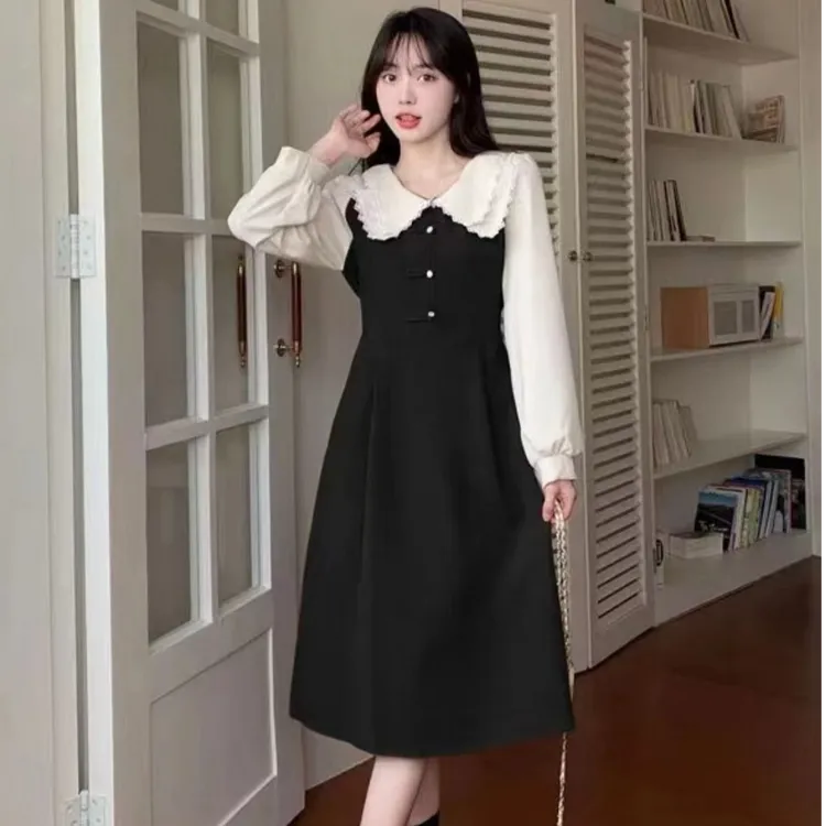 大码女装连衣裙春秋新款复古娃娃领假两件收腰显瘦遮肉中长款裙子