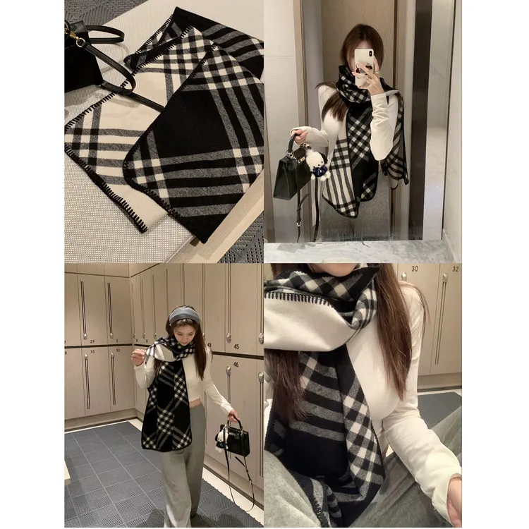 秋冬经典双面格纹围巾仿羊绒披肩氛围感拉满明星同款黑色围脖女