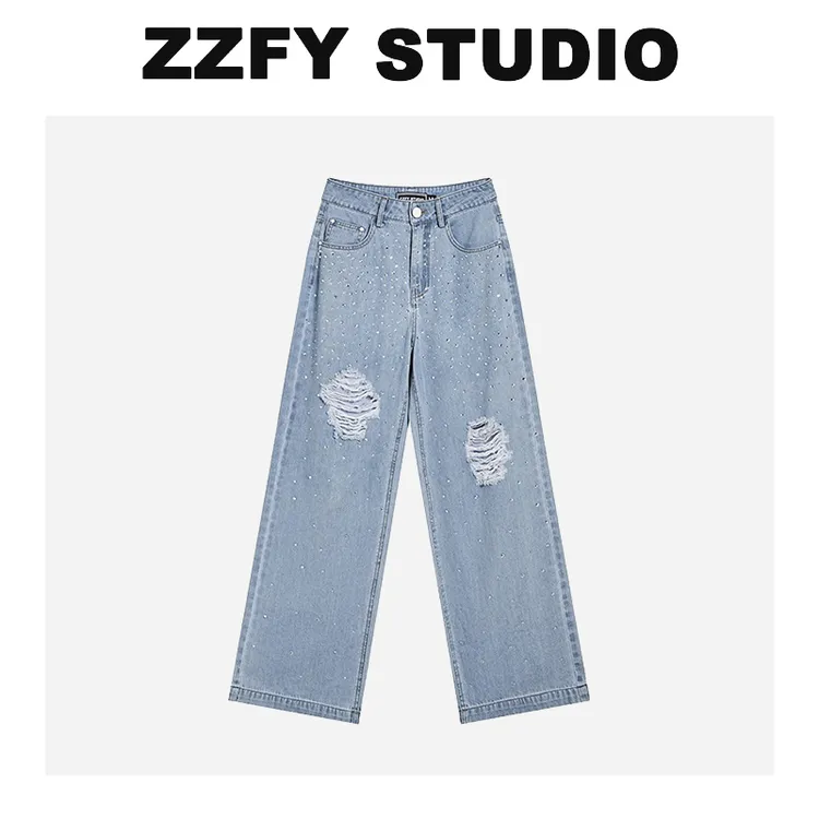【超总直播间】ZZFY STUDIO 烫钻破洞阔腿牛仔长裤 24YNZL131004L