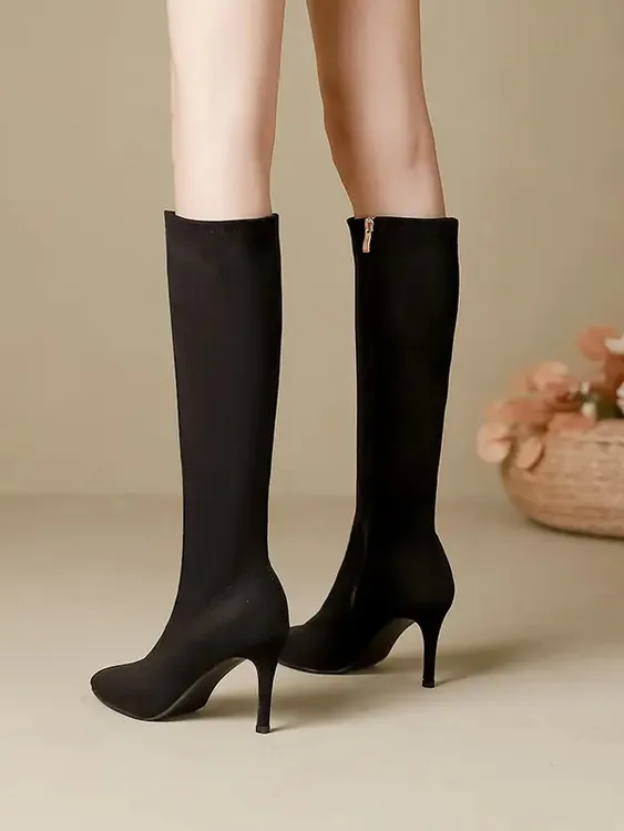 细跟长靴不过膝女高筒靴高跟150小个子2024冬新款加绒尖头长筒靴