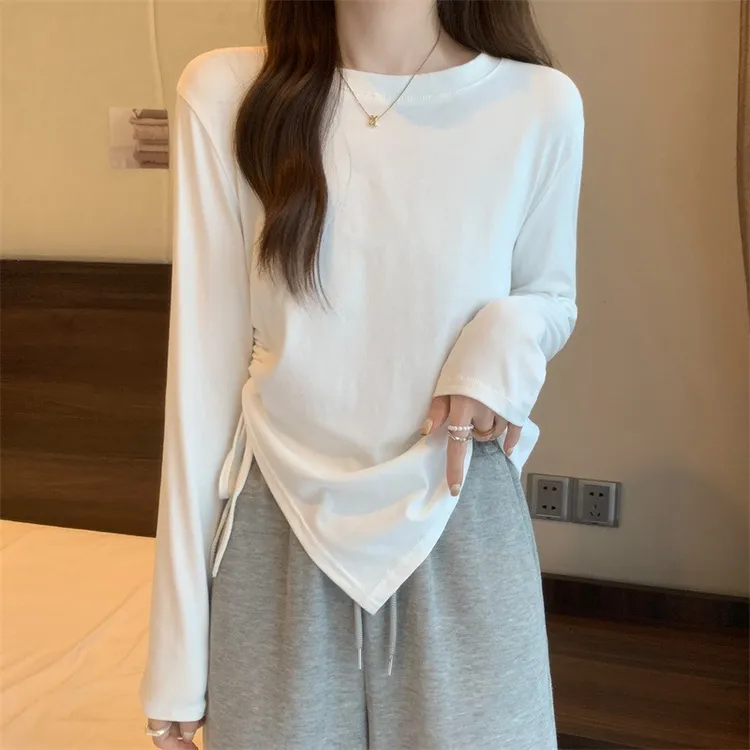2025秋季新款抽绳上衣女休闲显瘦不规则设计感长袖打底衫百搭T恤