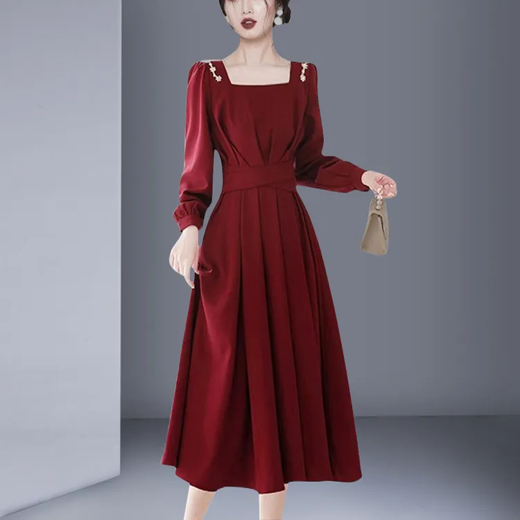 大红色连衣裙2025秋季新款礼服时尚收腰中长款高级法式轻奢长袖裙