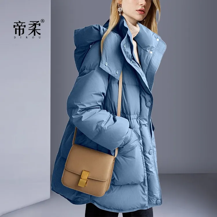 欧美2025冬季蓝色中长款保暖羽绒服气质休闲加厚面包服连帽外套女