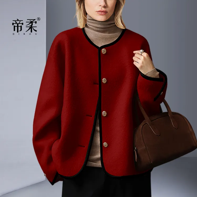 高级感红色小香风羊毛呢外套女冬季2025新款名媛圆领气质呢子上衣