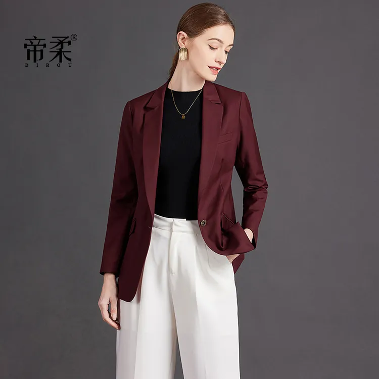 帝柔2025新款春秋装酒红色小西装女休闲百搭气质宽松大码上衣外套