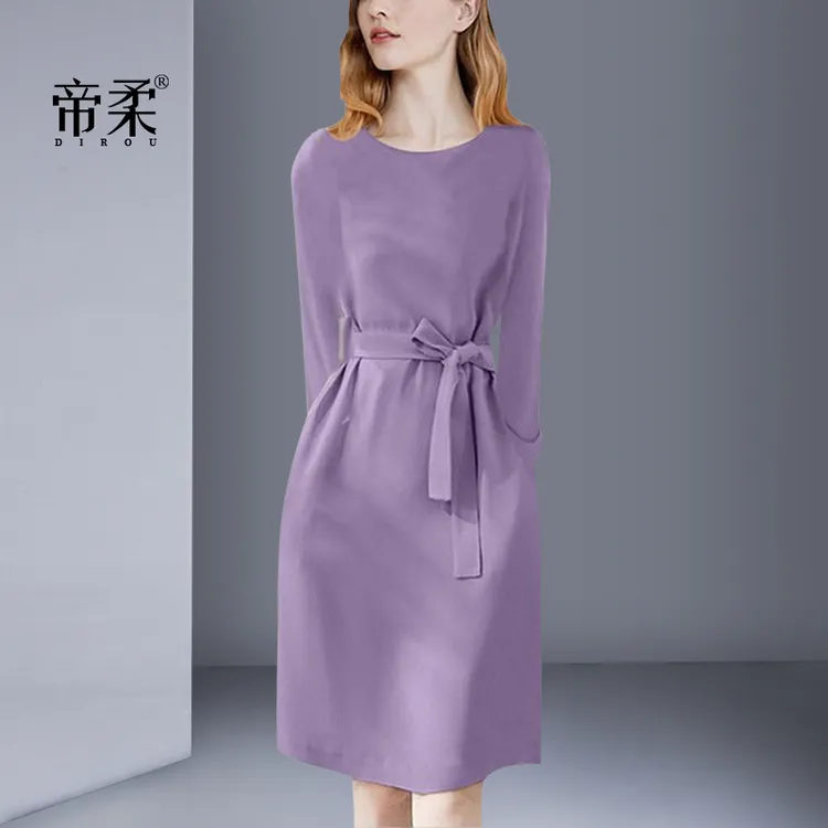 法式紫色收腰系带连衣裙2025秋季新款优雅显瘦气质名媛高级感轻奢