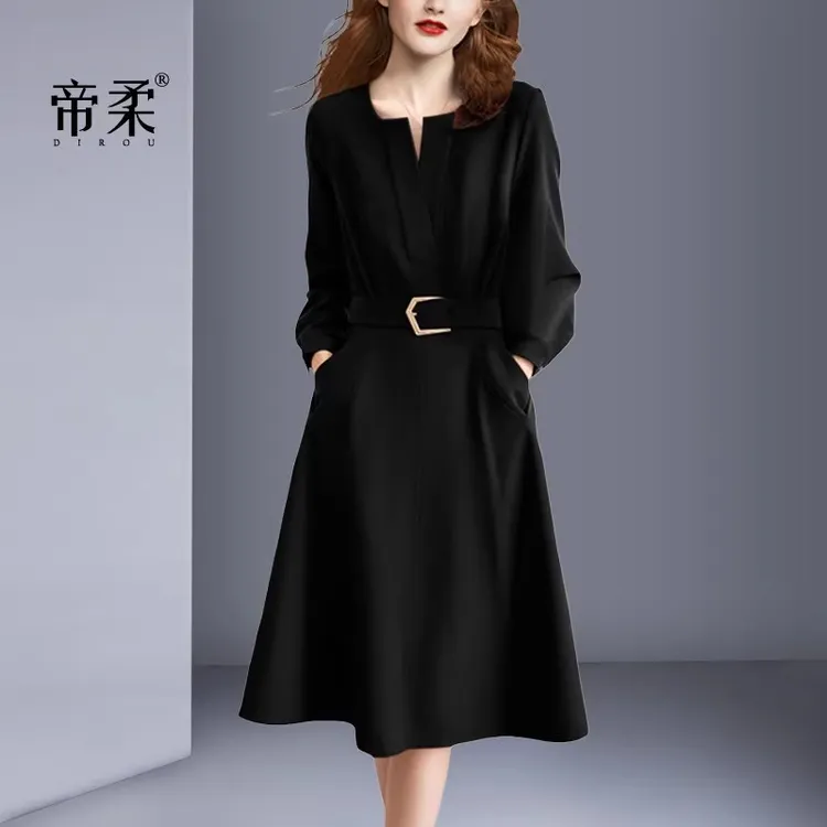 帝柔黑色连衣裙2025秋季新品套头高腰休闲腰带简约大码显瘦通勤