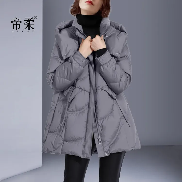 欧美时尚轻便保暖2025冬季新款中长款羽绒服小个子连帽面包服外套