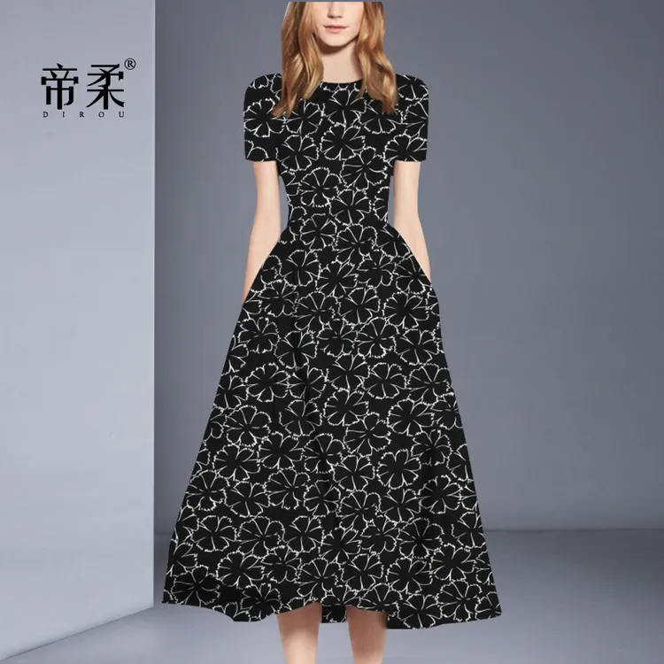 法式优雅中长裙时尚气质印花连衣裙2025夏季新款修身显瘦大摆裙子