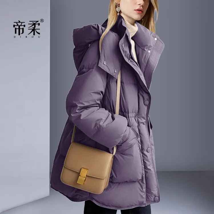 欧美2025冬季新款紫色中长款羽绒服气质休闲加厚面包服连帽外套女