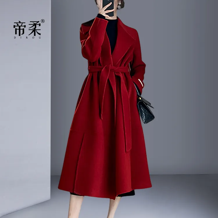 【红人上新】2025秋冬高端名媛气质保暖羊毛大衣红色毛呢外套中长款