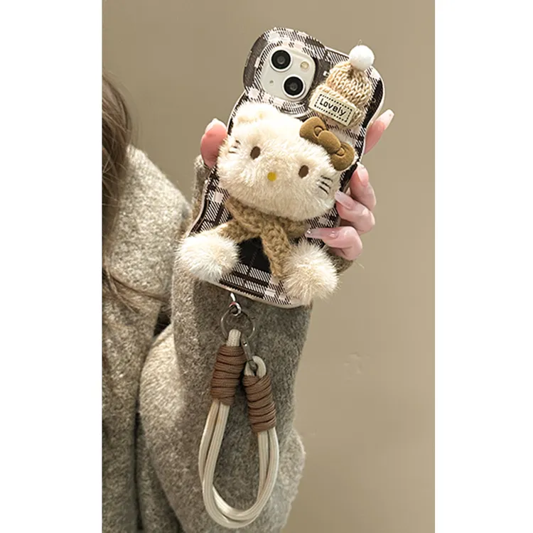 毛绒KT公仔适用苹果16pro华为vivo/oppo小米iPhone15双支架手机壳
