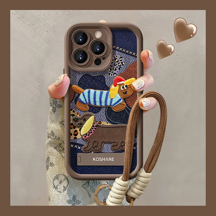 适用苹果16promax华为vivo/oppo小米刺绣腊肠狗天眼羊皮手机壳