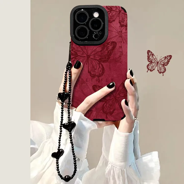 线条蝴蝶适用于苹果15华为vivo/oppo小米iPhone16pro翻毛皮手机壳