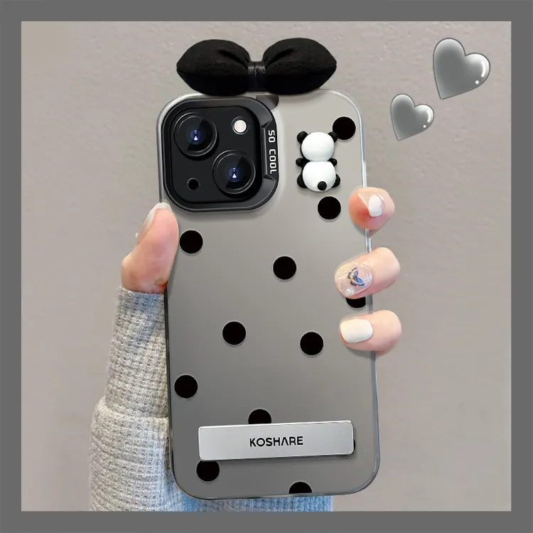 适用苹果vivo华为oppo小米iPhone14黑波点蝴蝶结彩银支架壳手机套