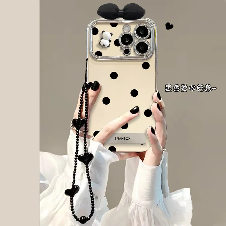 适用苹果/华为/vivo/oppo/小米黑波点蝴蝶结电镀大视窗支架手机壳