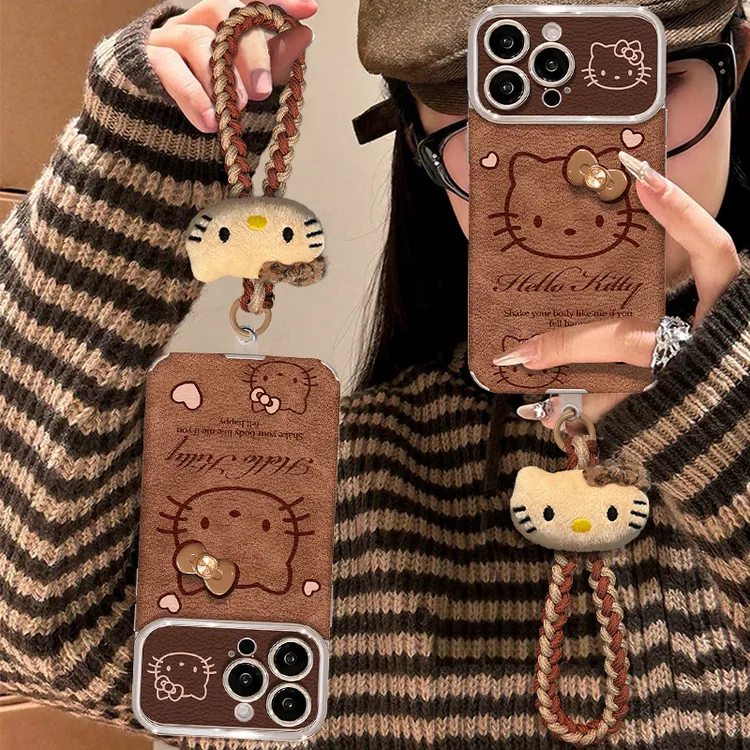 适用苹果16promax华为vivo小米oppo咖色kt挂绳视窗羊皮秋冬手机壳