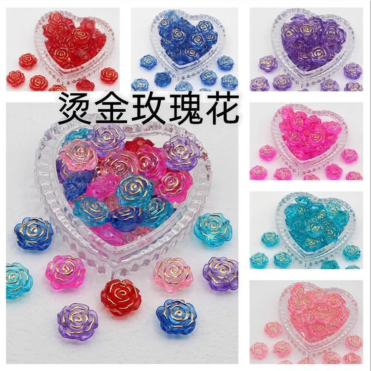 仿金箔花朵串珠diy烫金玫瑰花金边手机壳材料包通孔发夹手作