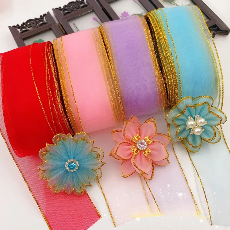 4厘米高密度雪纱金边硬网纱彩带diy手工蝴蝶结发饰头饰丝带织带