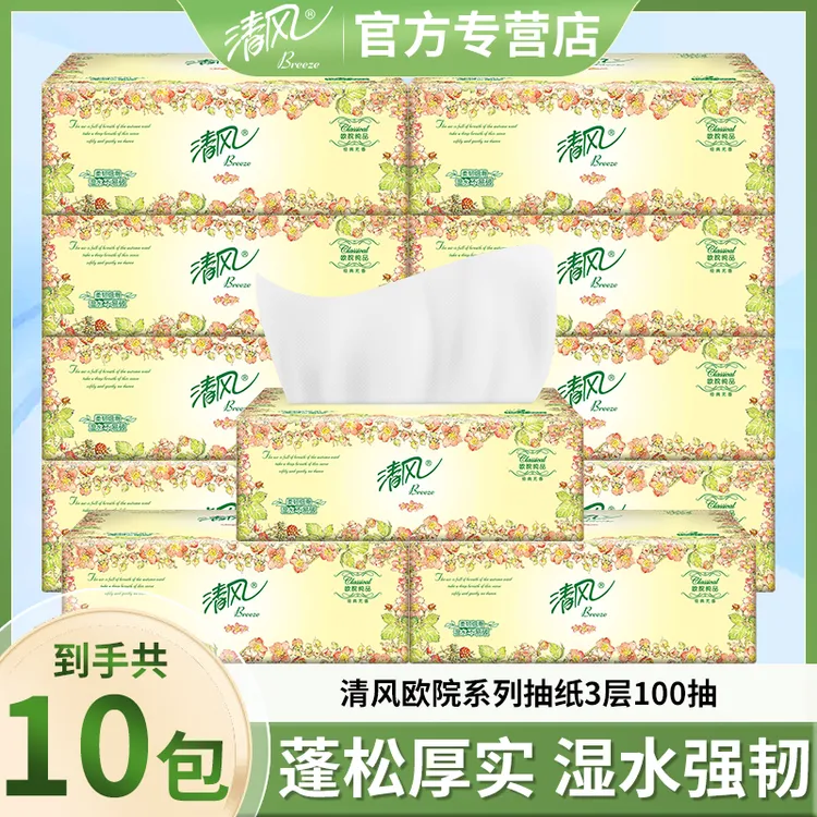 清风欧院纸巾100抽10包干湿两用抽纸餐巾纸家用实惠装擦手纸小码