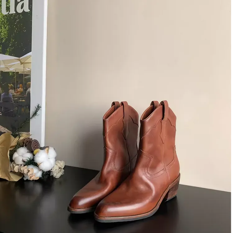 【美靴专家】马皮美拉德靴子西部靴复古2024新款粗跟英伦风早秋短靴