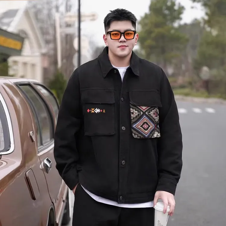 潮牌大码新款男装民族风宽松男胖子加肥加大休闲水洗长袖牛仔外套
