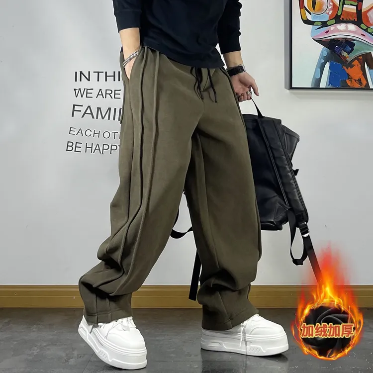 大码美式复古拼接针织运动卫裤男秋冬款加绒垂感直筒裤百搭休闲裤